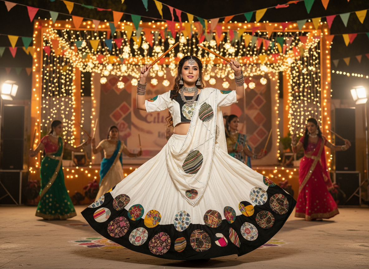 White & Black Navratri Patchwork Lehenga Choli with Jacket – Festive Garba Special