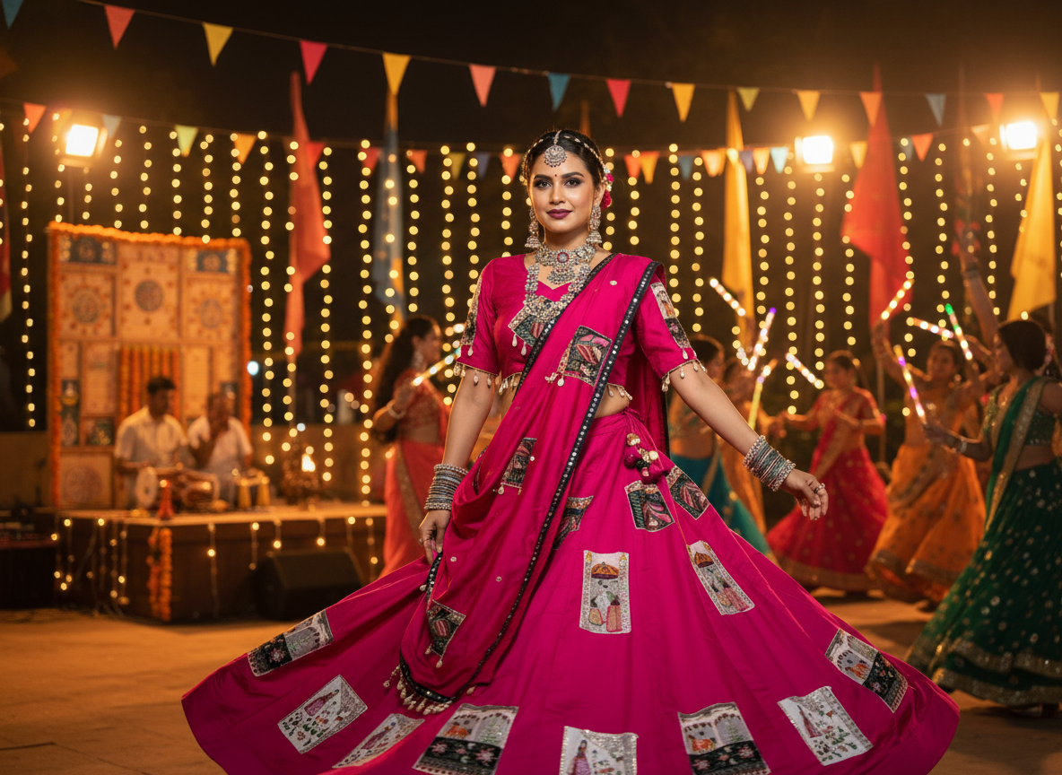 Pink Navratri Lehenga Choli with Traditional Folk Print & Mirror Work Dupatta