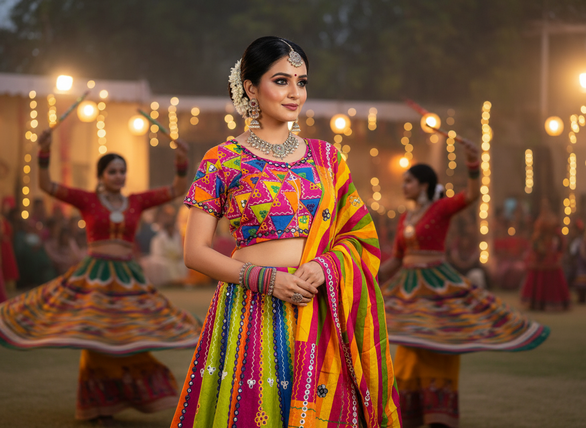 Multicolor Navratri Lehenga Choli with Traditional Kutchi Embroidery & Bandhani Dupatta