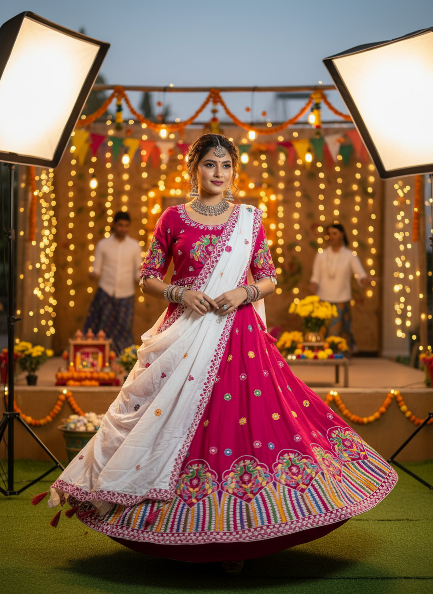 Rani Pink Embroidered Lehenga with White Dupatta – Festive & Wedding Wear