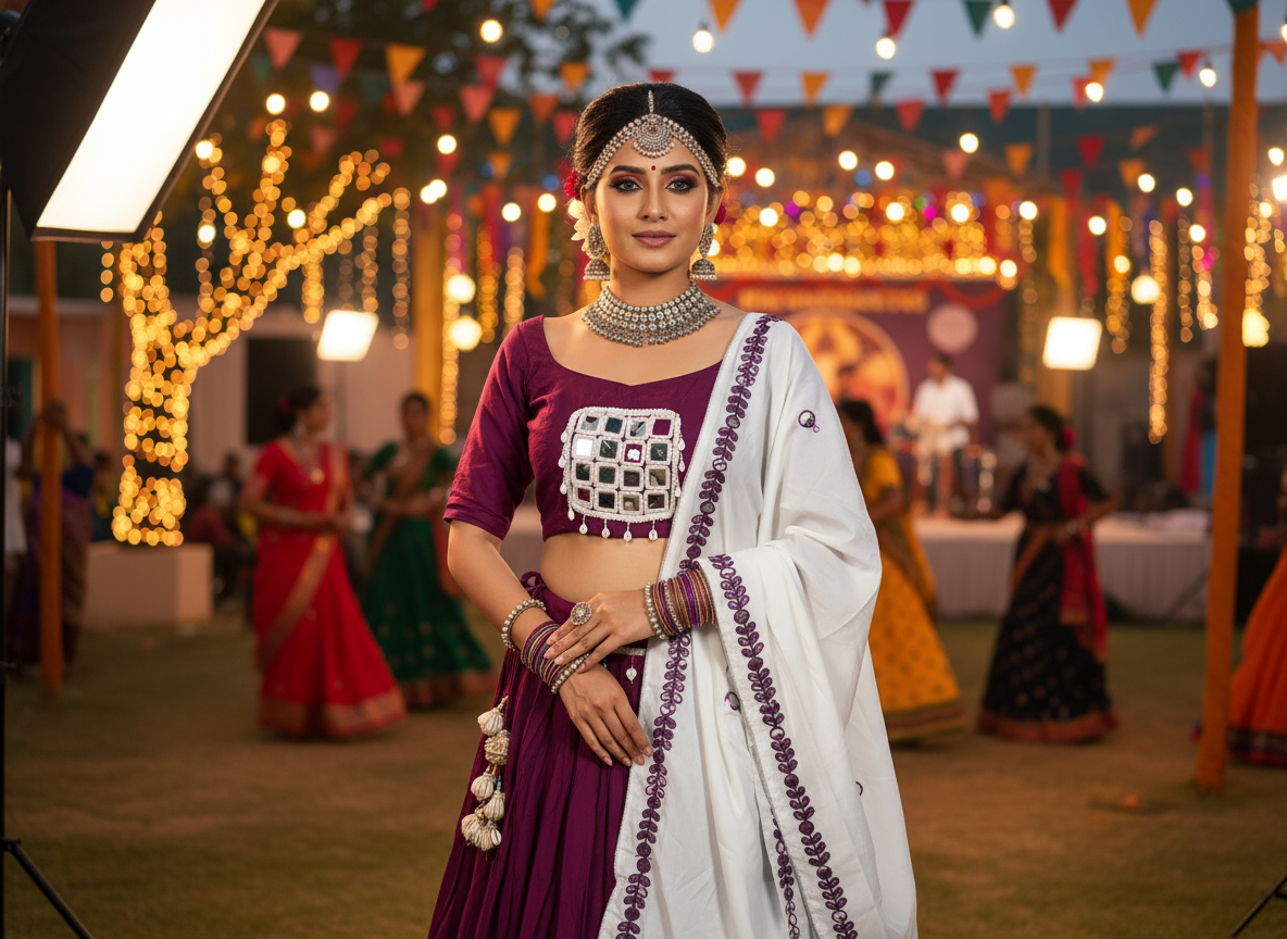 Plum Purple Mirror Work Lehenga Set with White Embroidered Dupatta – Navratri & Festive Wear