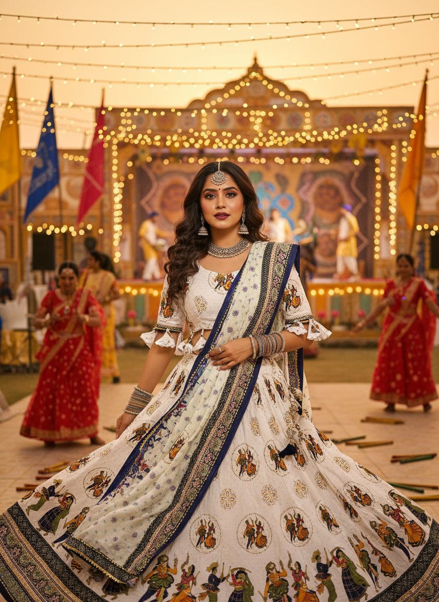 White Navratri Lehenga Choli with Traditional Garba Print & Embroidered Dupatta