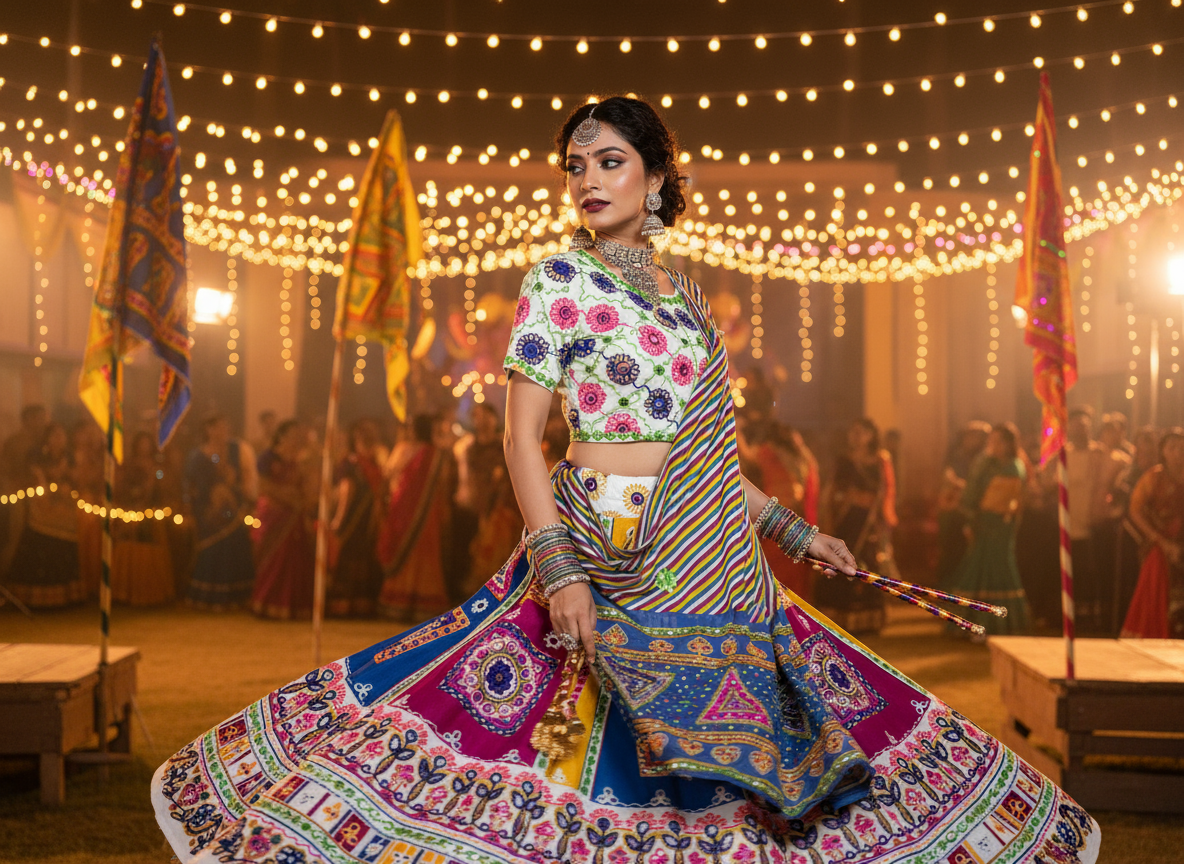 Multicolor Navratri Chaniya Choli with Hand-Embroidered Mirror & Thread Work