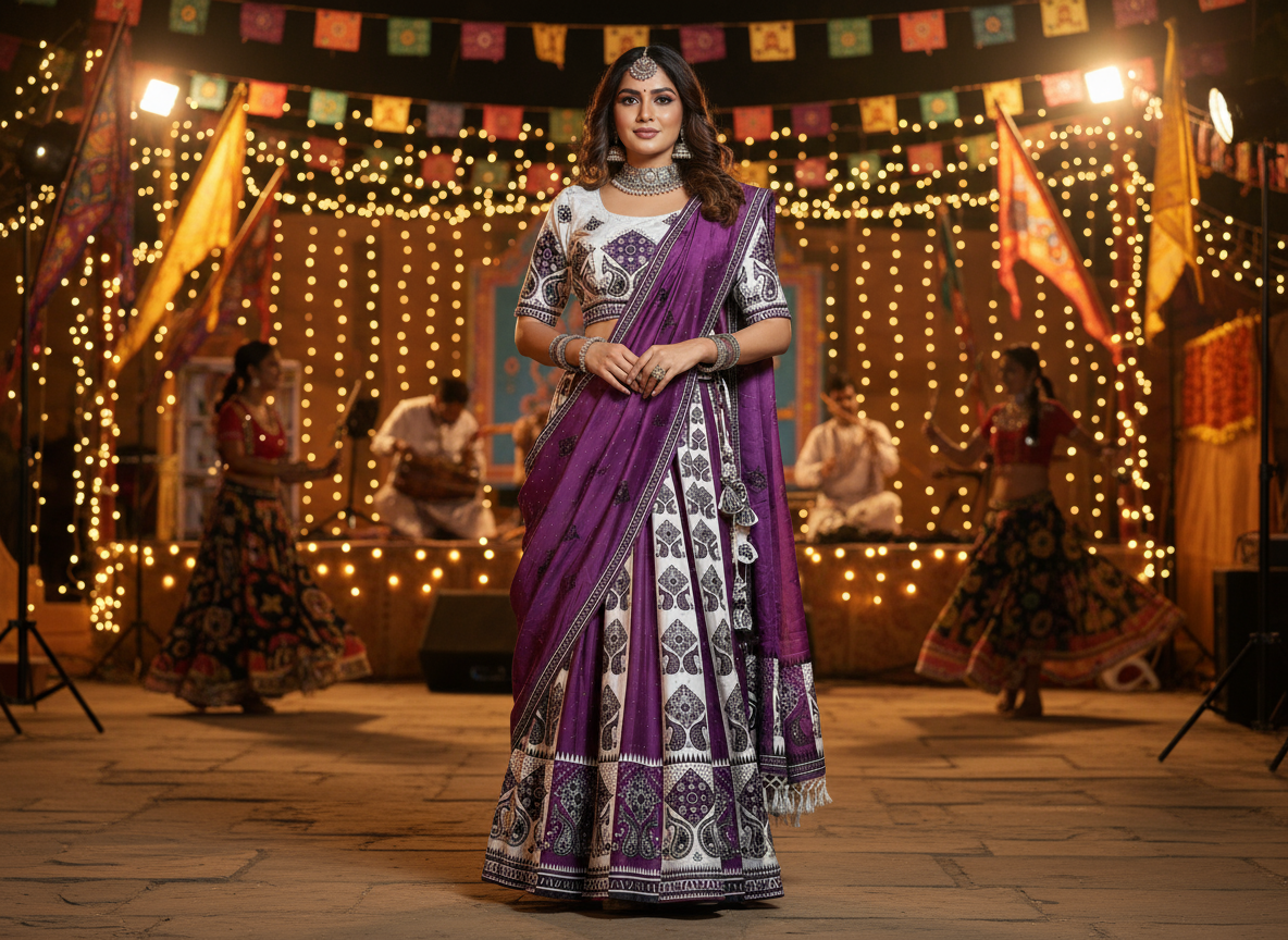 Royal Purple & White Printed Lehenga Choli with Dupatta – Festive & Wedding Collection