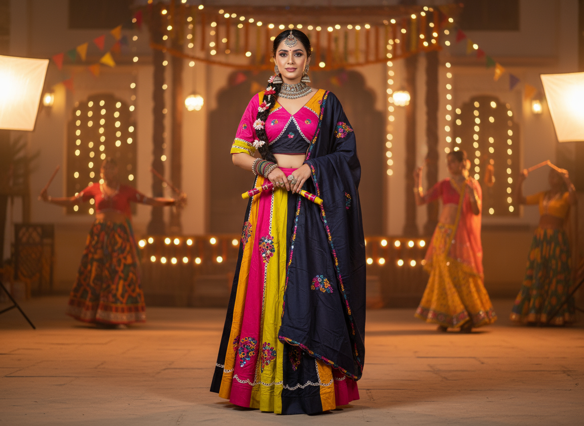 Vibrant Pink & Yellow Navratri Lehenga Choli with Navy Blue Dupatta