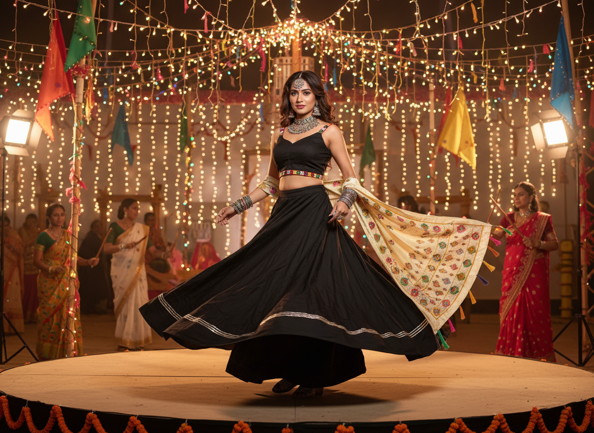 Elegant Black Navratri Lehenga Choli with Golden Embroidered Dupatta
