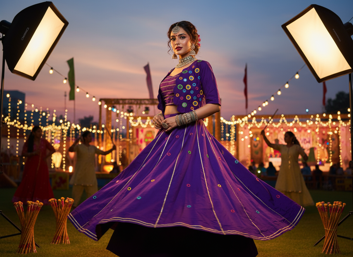 Royal Purple Mirror Work Lehenga Three Piece Set