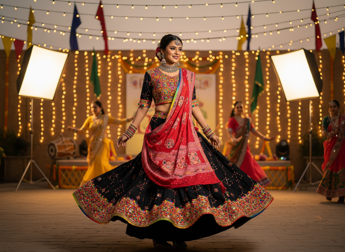 Black & Red Navratri Embroidered Lehenga Choli with Bandhej Dupatta – Traditional Garba Special
