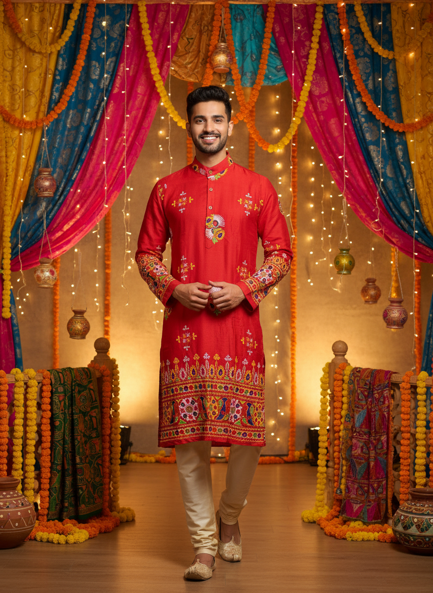 Embroidered Navratri Kurta with Colorful Mirror Work โ Festive Ethnic Wear for Men