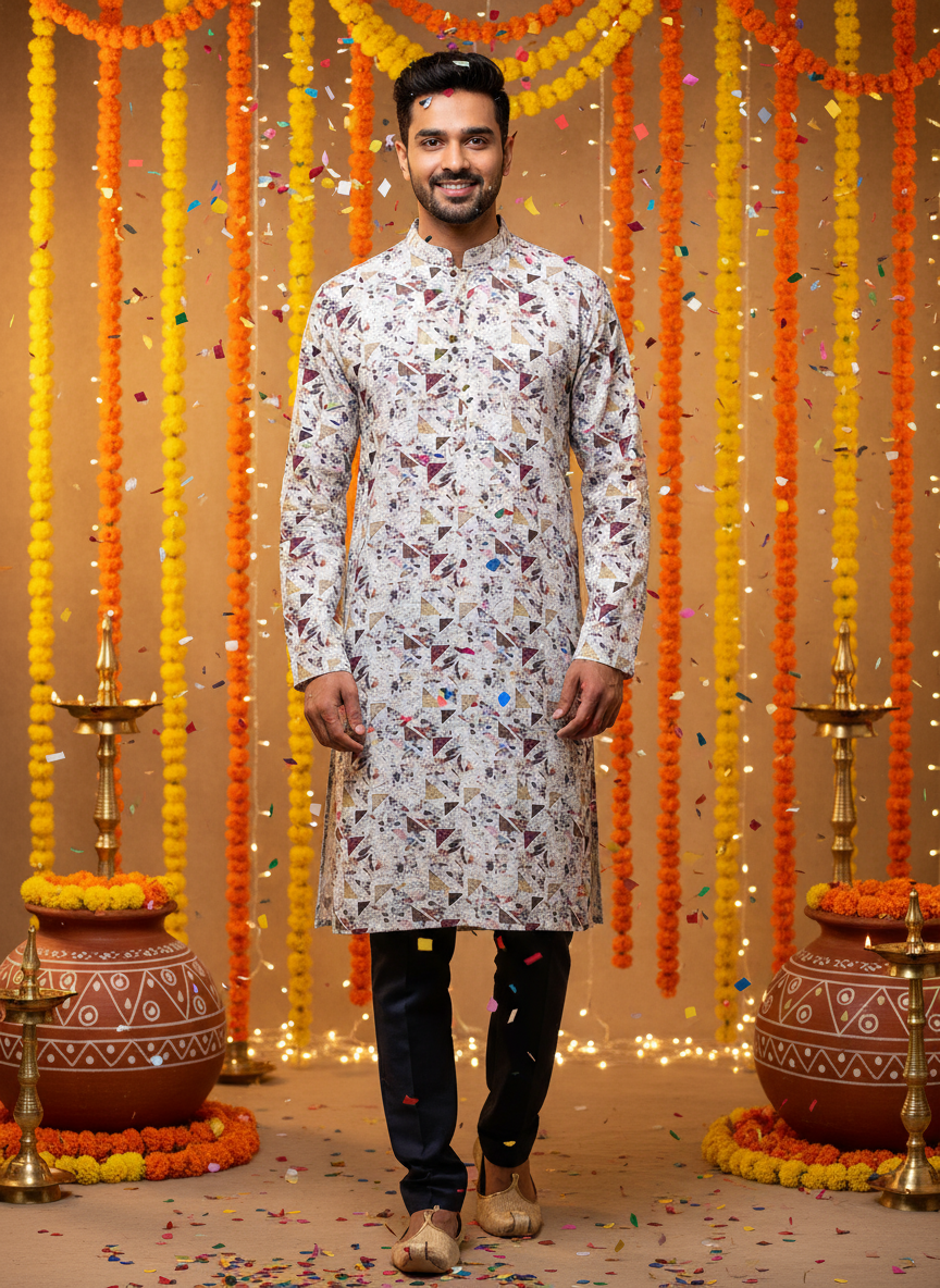 Men’s Festive Printed Kurta – Geometric Design