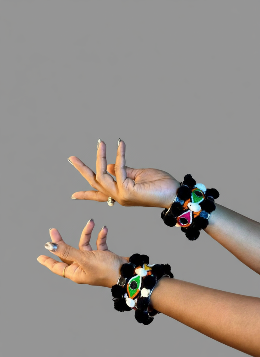 Handmade Tribal Pom-Pom Cuff Bracelets with Beads & Cowrie Shells