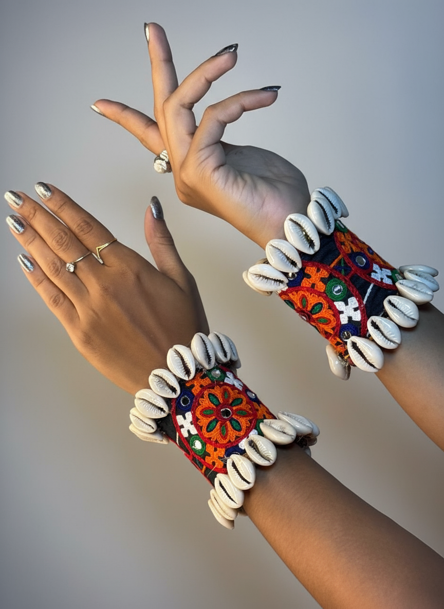 Handmade Embroidered Navratri Cuff Bangles with Cowrie Shell Border