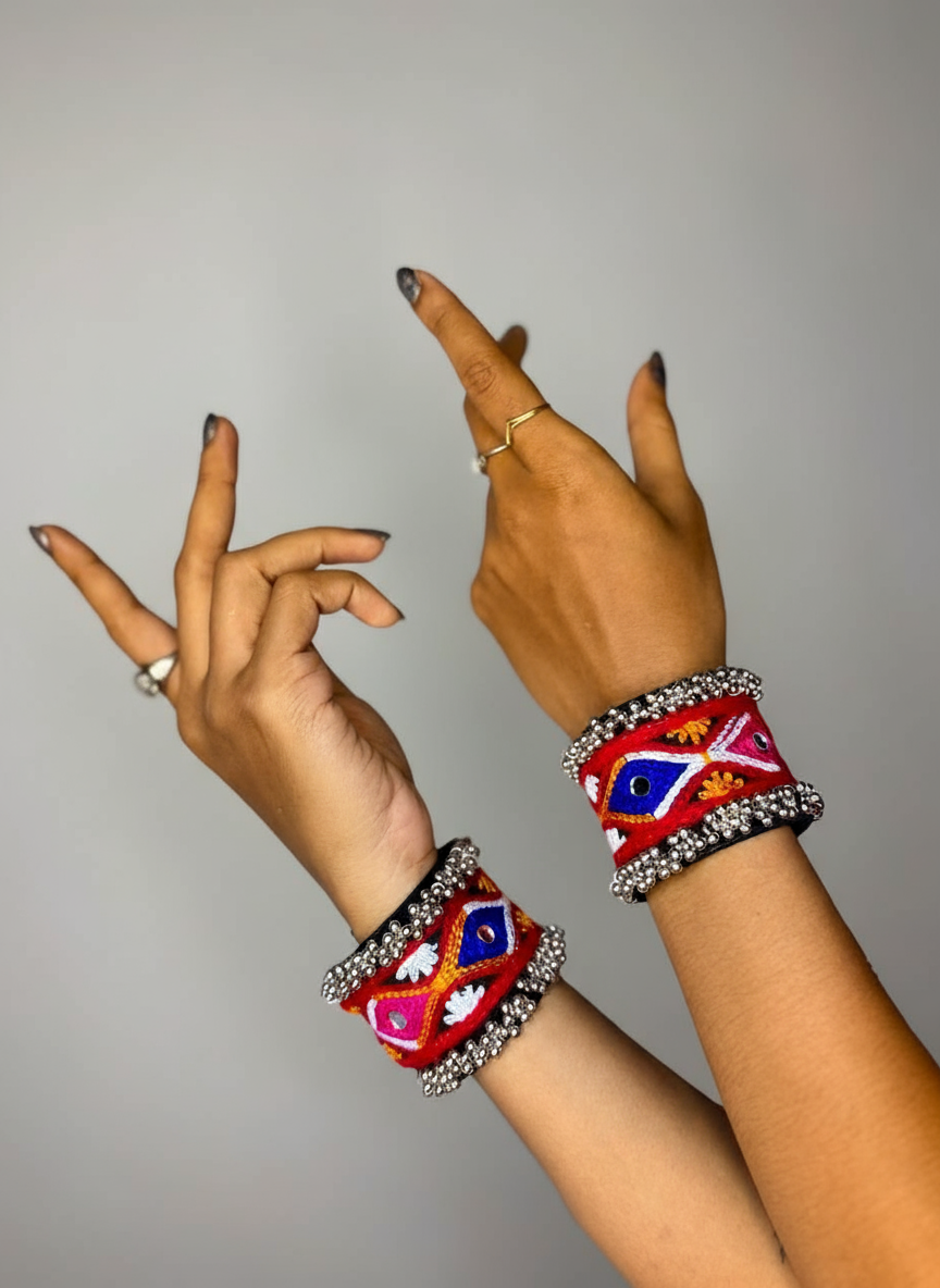 Handmade Tribal Ghungroo Cuff Bracelets with Embroidered Patterns