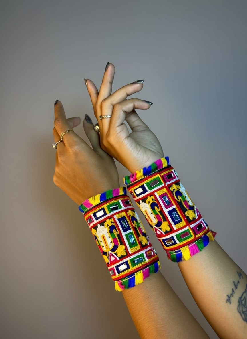 Handcrafted Multicolor Embroidered Tribal Cuff Bracelets with Fringe Detailing