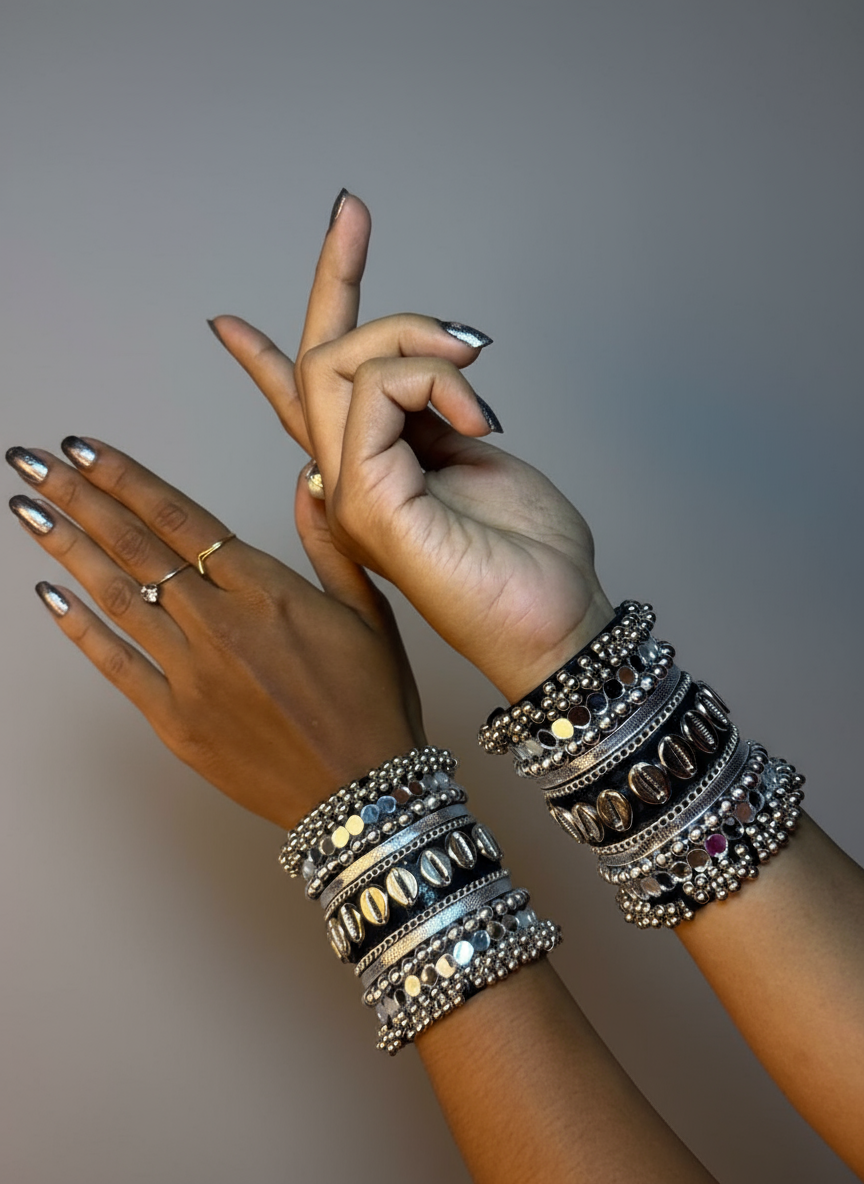 Antique Oxidised Cuff Bangles with Cowrie Shells & Mirror Work
