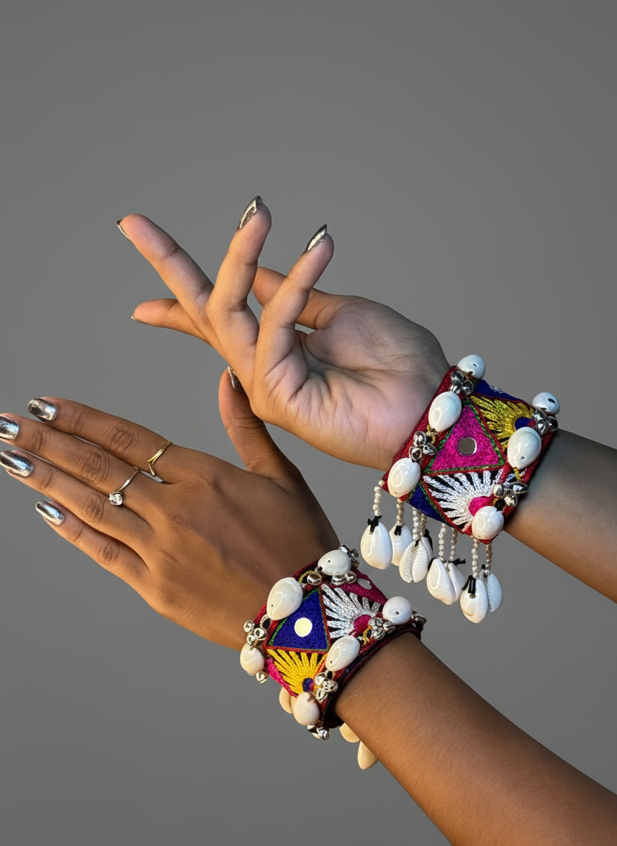 Handmade Embroidered Cuff Bangles with Cowrie Shells & Ghungroo