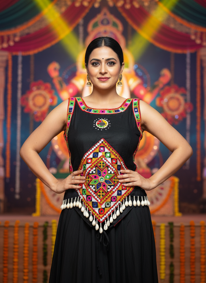 Black Embroidered Navratri Blouse with Mirror Work & Shell Detailing