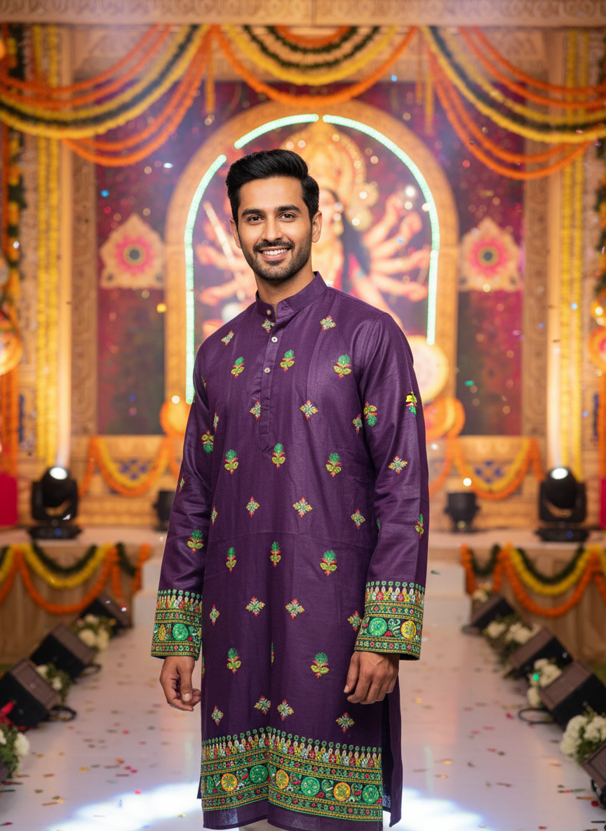Royal Purple Embroidered Kurta with Colorful Motifs – Festive & Wedding Wear for Men