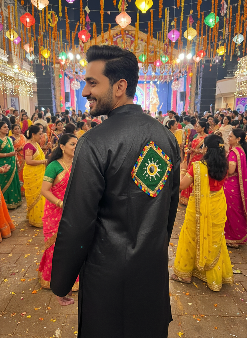 Men's Black Festive Kurta with Vibrant Circular Embroidery