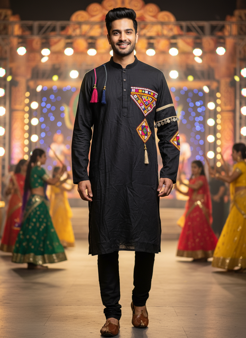 ✨Traditional Black Embroidered Men’s Kurta for Navratri & Festive Wear