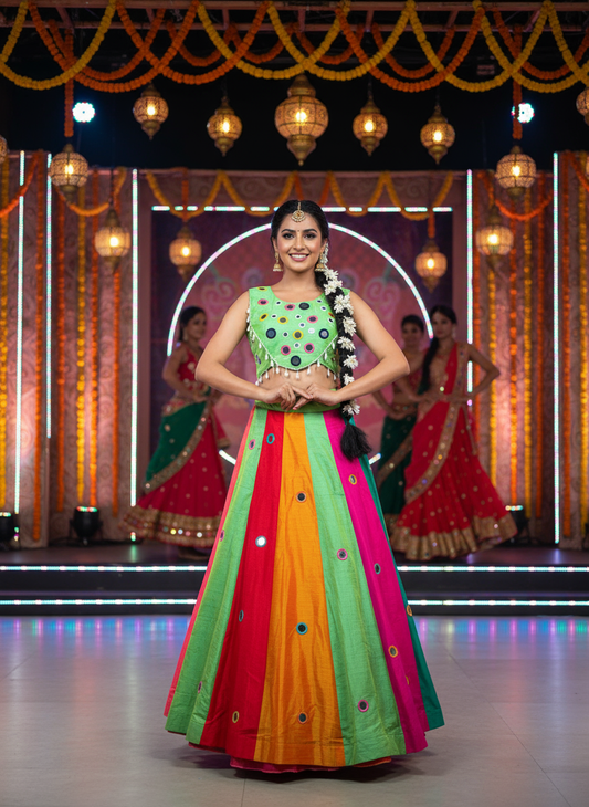 Multicolor Striped Lehenga Dress with Green Mirror Work Blouse