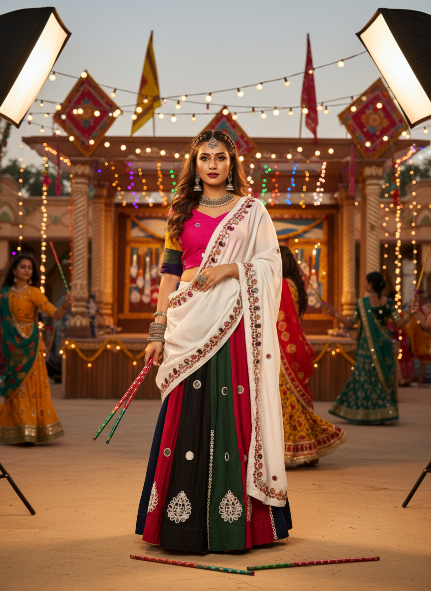 Multicolor Navratri Lehenga Choli with Embroidered Dupatta