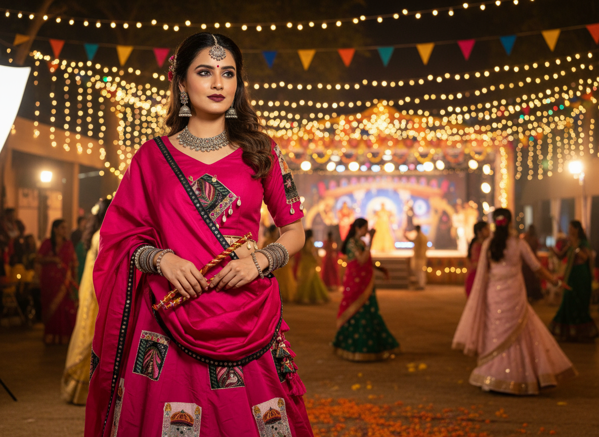 Pink Navratri Lehenga Choli with Traditional Folk Print & Mirror Work Dupatta