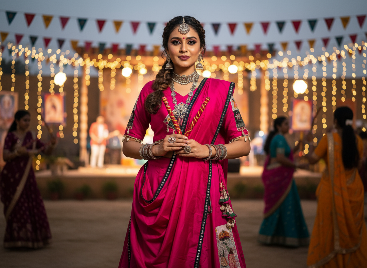 Pink Navratri Lehenga Choli with Traditional Folk Print & Mirror Work Dupatta