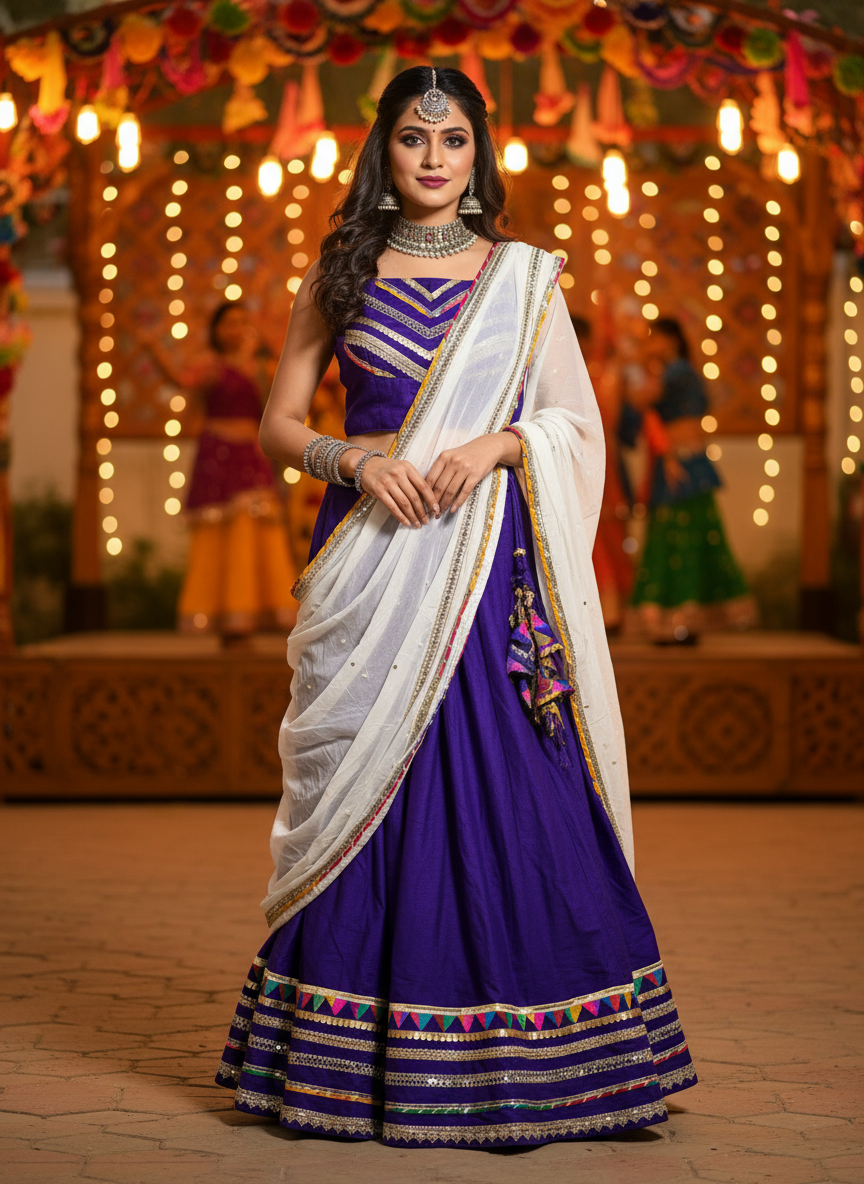 Royal Purple Navratri Lehenga Choli with White Dupatta & Festive Embellishments