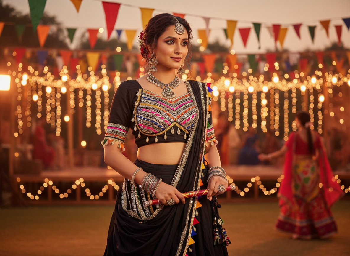 Black Embroidered Navratri Lehenga with Colorful Tassels