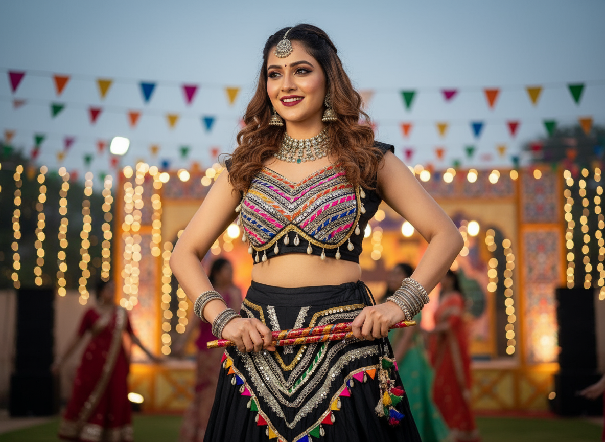 Black Embroidered Navratri Lehenga with Colorful Tassels