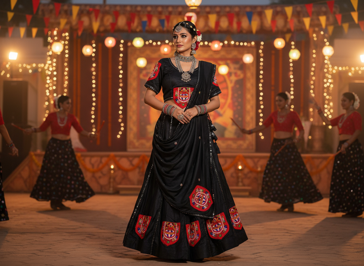 Black Navratri Embroidered Lehenga Choli with Dupatta