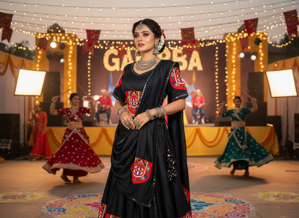 Black Navratri Embroidered Lehenga Choli with Dupatta
