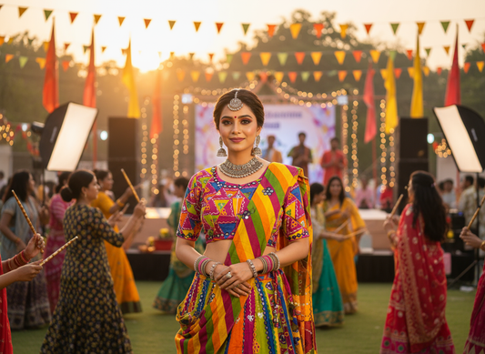 Multicolor Navratri Lehenga Choli with Traditional Kutchi Embroidery & Bandhani Dupatta