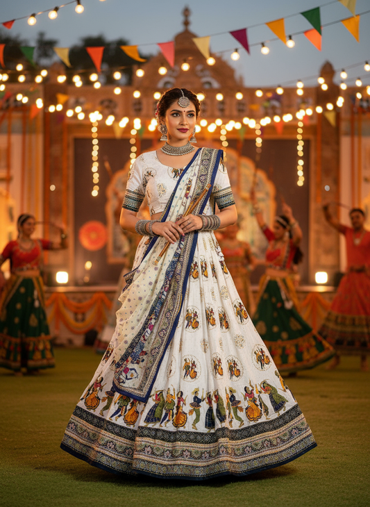 White Navratri Lehenga Choli with Traditional Garba Print & Embroidered Dupatta
