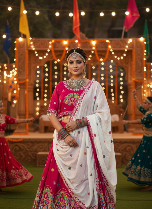 Rani Pink Embroidered Lehenga with White Dupatta – Festive & Wedding Wear