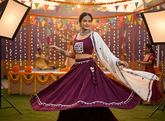 Plum Purple Mirror Work Lehenga Set with White Embroidered Dupatta – Navratri & Festive Wear