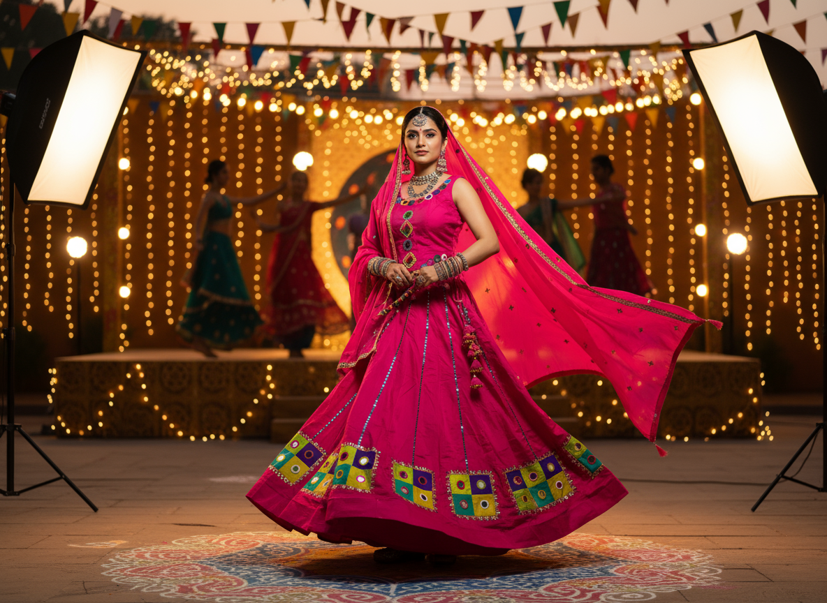 Elegant Pink Navratri Lehenga Choli with Traditional Mirror Work