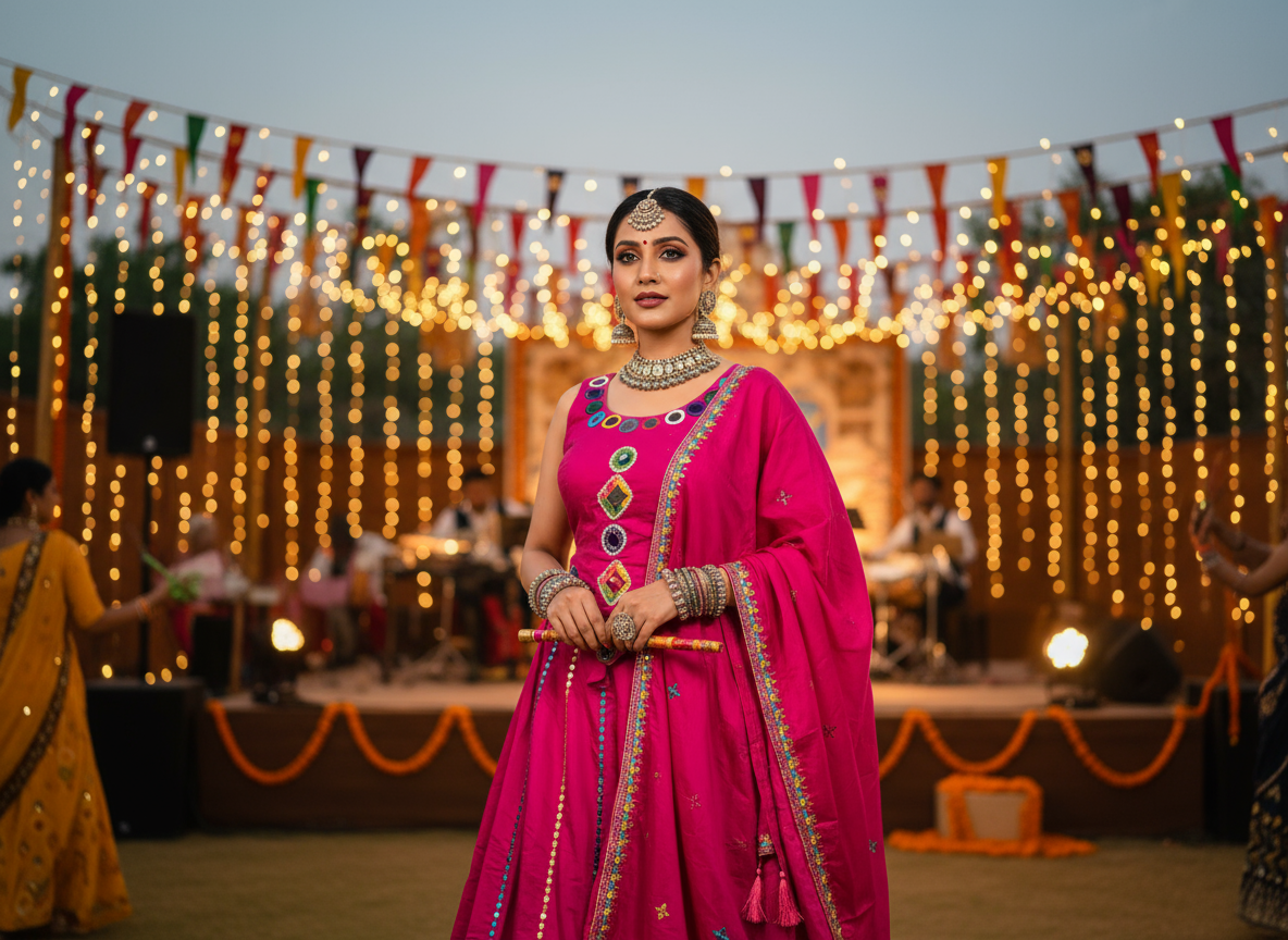 Elegant Pink Navratri Lehenga Choli with Traditional Mirror Work