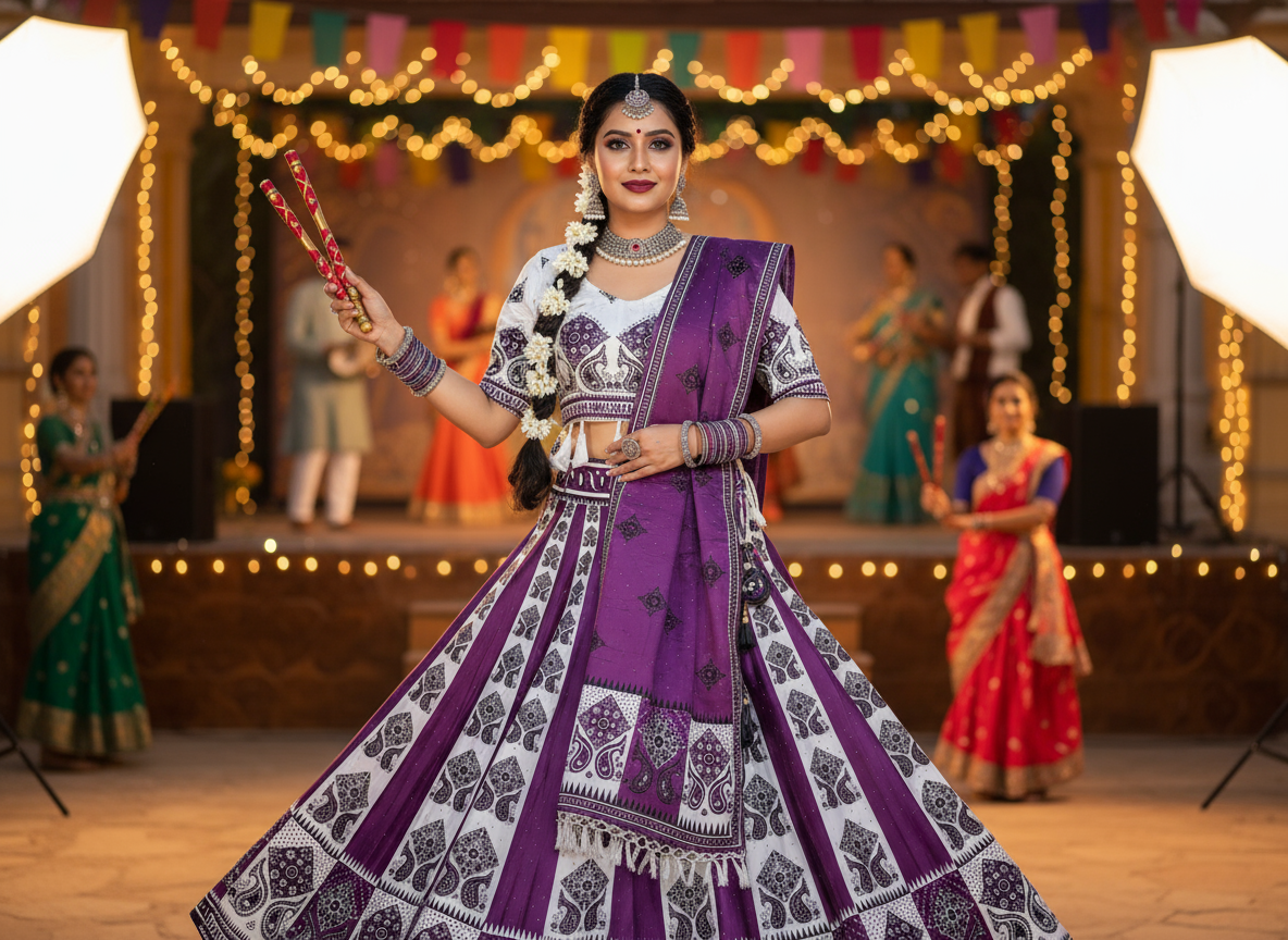 Royal Purple & White Printed Lehenga Choli with Dupatta – Festive & Wedding Collection