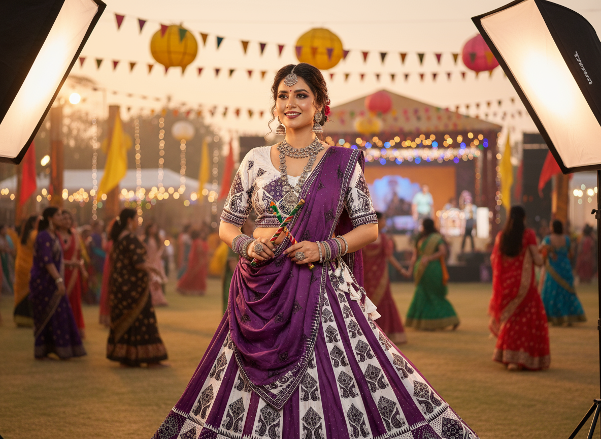 Royal Purple & White Printed Lehenga Choli with Dupatta – Festive & Wedding Collection