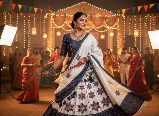 Indigo Blue & White Traditional Ajrakh Print Lehenga Set with Embroidered Dupatta – Elegant Ethnic Festive Wear