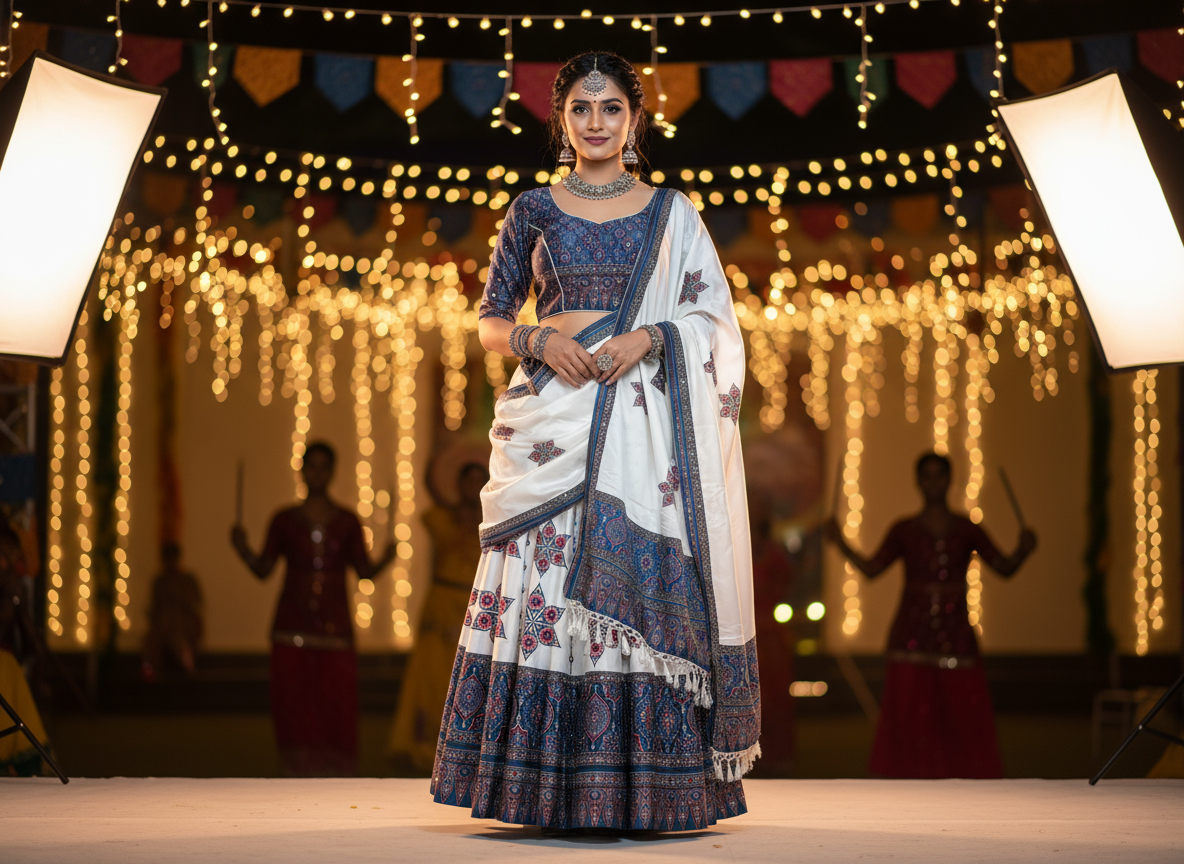 Indigo Blue & White Traditional Ajrakh Print Lehenga Set with Embroidered Dupatta – Elegant Ethnic Festive Wear