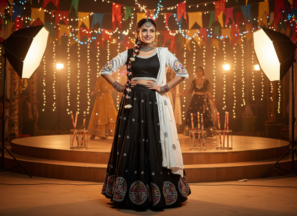Elegant Black & White Traditional Lehenga Choli – Perfect for Navratri & Festive Celebrations