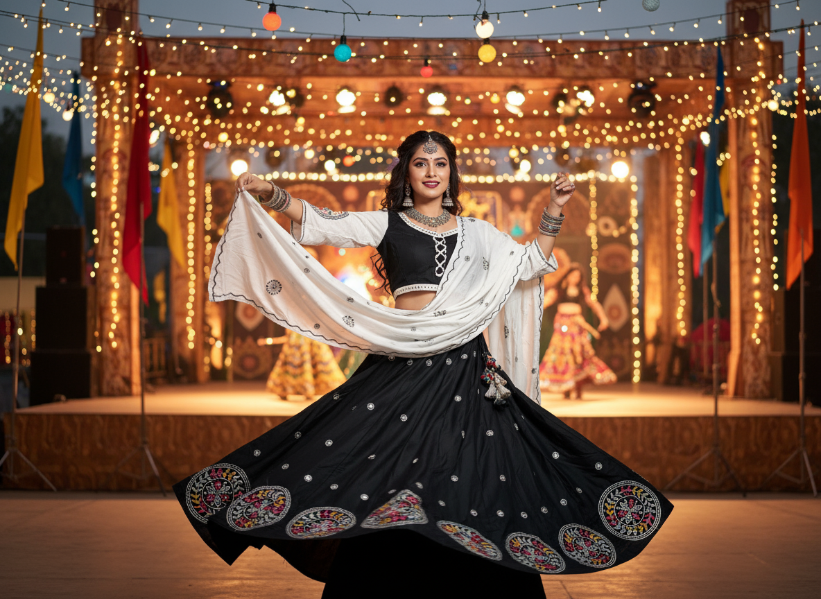 Elegant Black & White Traditional Lehenga Choli – Perfect for Navratri & Festive Celebrations