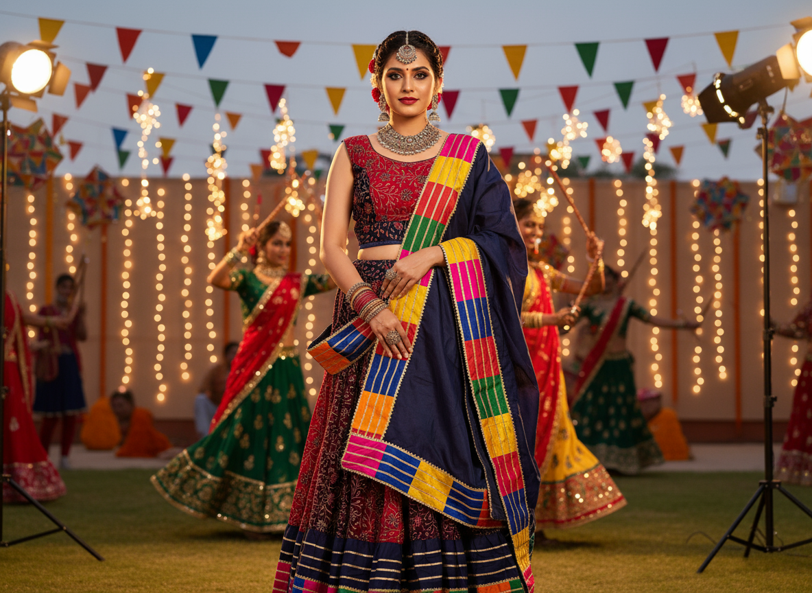 Vibrant Red & Blue Navratri Lehenga Choli with Colorful Dupatta – Perfect for Festive Dandiya Nights