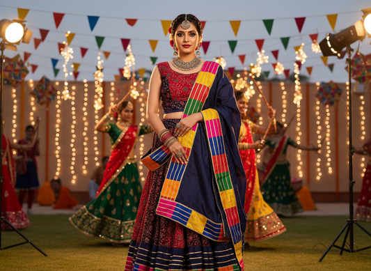 Vibrant Red & Blue Navratri Lehenga Choli with Colorful Dupatta – Perfect for Festive Dandiya Nights