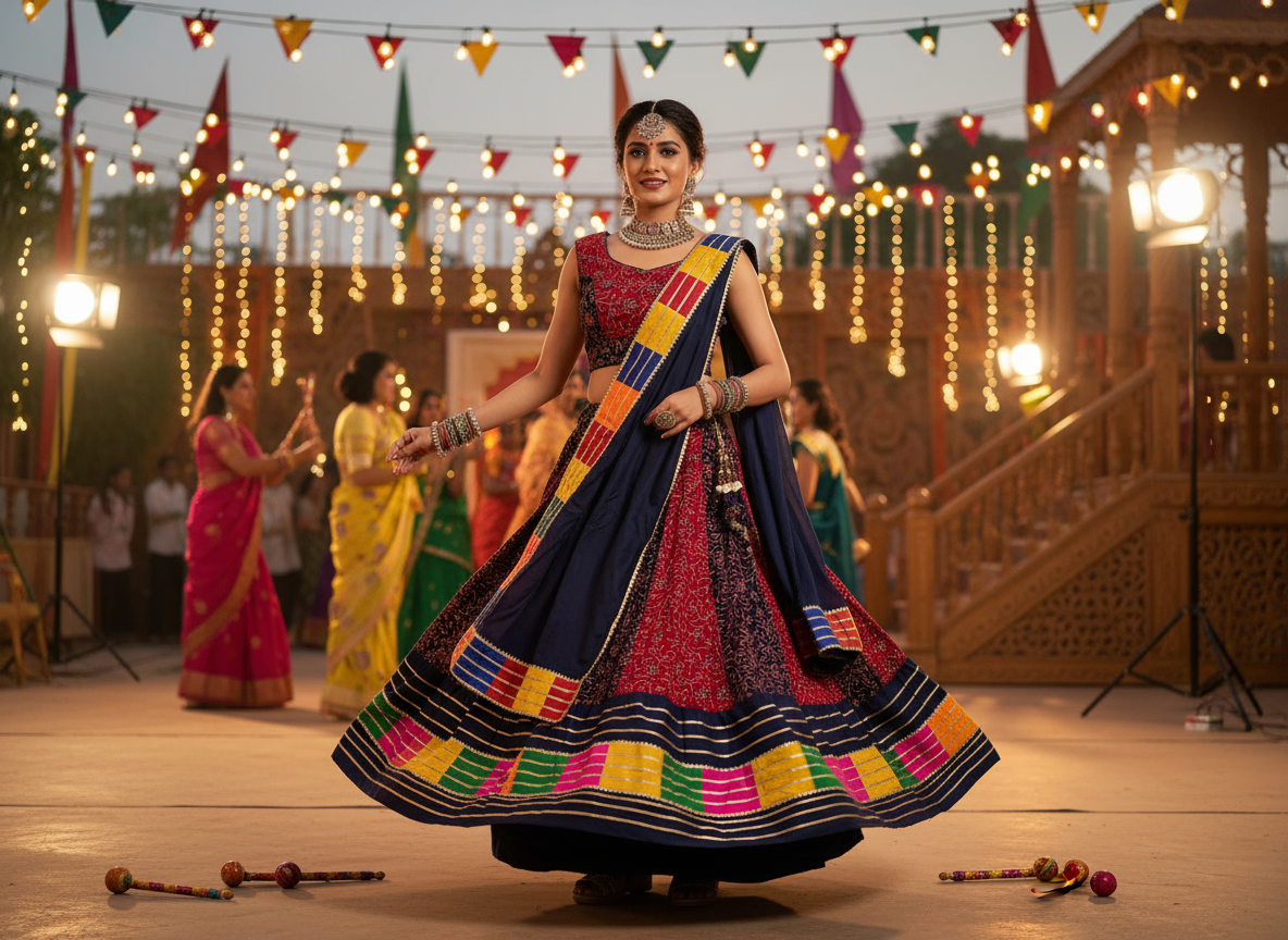 Vibrant Red & Blue Navratri Lehenga Choli with Colorful Dupatta – Perfect for Festive Dandiya Nights