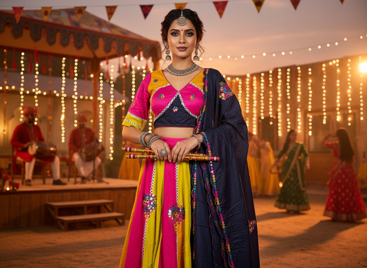 Vibrant Pink & Yellow Navratri Lehenga Choli with Navy Blue Dupatta