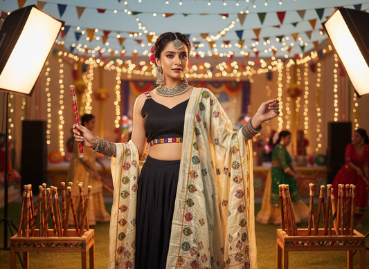 Elegant Black Navratri Lehenga Choli with Golden Embroidered Dupatta